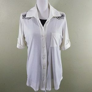 Lavish White Tunic Length Blouse with Crochet Yoke - L - NEW